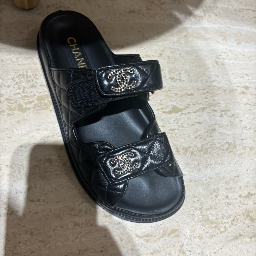 CHANEL Black Quilted Leather Double-Strap Slide Sandal with CC Hardware